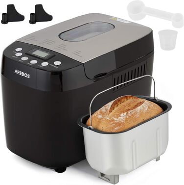 Хлібопечка Arebos 1500г | 15 програм | Таймер | LCD дисплей | 850 Вт | Чорний