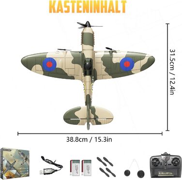 RC літак Hawk's Work Spitfire 2.4GHz - радіокерований винищувач для дітей та початківців, готовий до польоту, 6-осьовий гіростабілізатор
