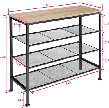 Підставка для взуття вузька, дерево/метал, промисловий дизайн, 4 рівні, 80,5x30,5x72,5см