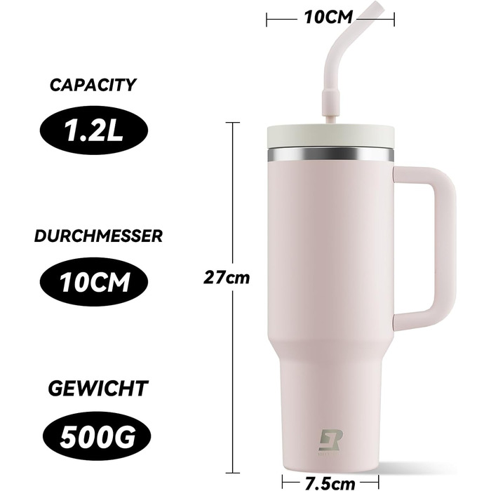 Термокружка-пляшка 1200 мл з трубочкою та антиковзним ручним захопленням, витіканнями запобігає, BPA Free, подвійні стінки, ізоляція для авто, офісу, відпочинку (пастельно-рожевий) біло-рожевий
