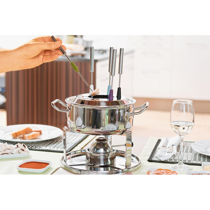 Набір для фондю RÖSLE на 6 осіб – нержавійна каструля 20 см з кришкою, газовий пальник 1000W, складне підставлення, аксесуари для фондю, ідеально для сирного або шоколадного фондю