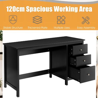 LIFEZEAL Стол письмовий з 3 шухлядами, комп'ютерний стіл 120x50 см, білий/чорний для офісу/кабінету