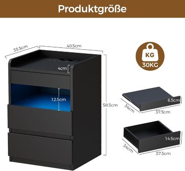 Нічний столик BEWISHOME 2 шт., з прихованою поличкою та розеткою, з функцією зарядки, для вітальні та спальні (чорний) EFCG02B