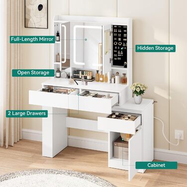 Туалетний столик YITAHOME з підсвіткою та дзеркалом, 4 шухляди, відкриті полиці, чорний (білий)