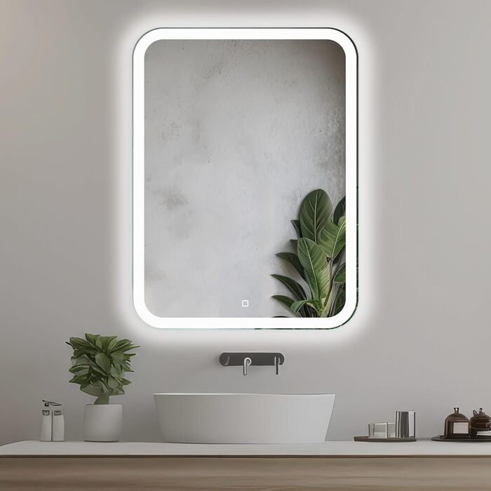 Дзеркало для ванної кімнати LED 50x70 см з підсвічуванням та сенсорним вимикачем, округлені кути, прямокутна форма