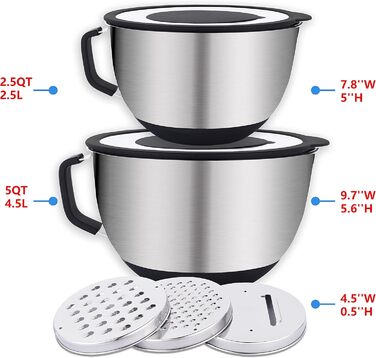 Набір місок для перемішування HAPPY KIT 18/8 з кришкою, 2 шт. (3QT, чорний). З нержавіючої сталі, з виливом, антиковзким дном та насадками для тертя.