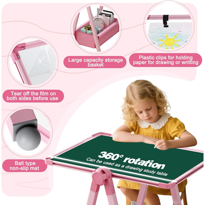 Дитяча мольберт Kinderstaffelei: двосторонній, сталевий, регульований, 360° обертання, дошка для малювання, крейда та маркери для хлопчиків та дівчаток