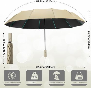 Штормозахисна складна парасолька для дощу та сонця, 12 ребер, складна, для автомобіля, гольфу, чоловіків та жінок (бежева)