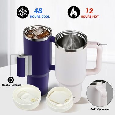 Термокружка-пляшка 1200 мл з трубочкою та антиковзним ручним захопленням, без BPA, з подвійними стінками для ізоляції, для автомобіля, офісу, відпочинку на природі (Пастельно-рожевий, Біло-рожевий, Глибокий фіолетовий)