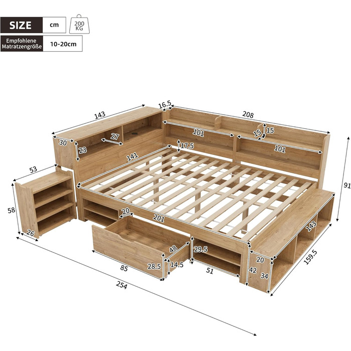 Ліжко дитяче 90x200, 140x200, з ящиками, полицями та дошкою, захистом від падіння, з ламелями, з місцем для зберігання, для підлітків, функціональне, дерев'яне ліжко, без матраца, біле