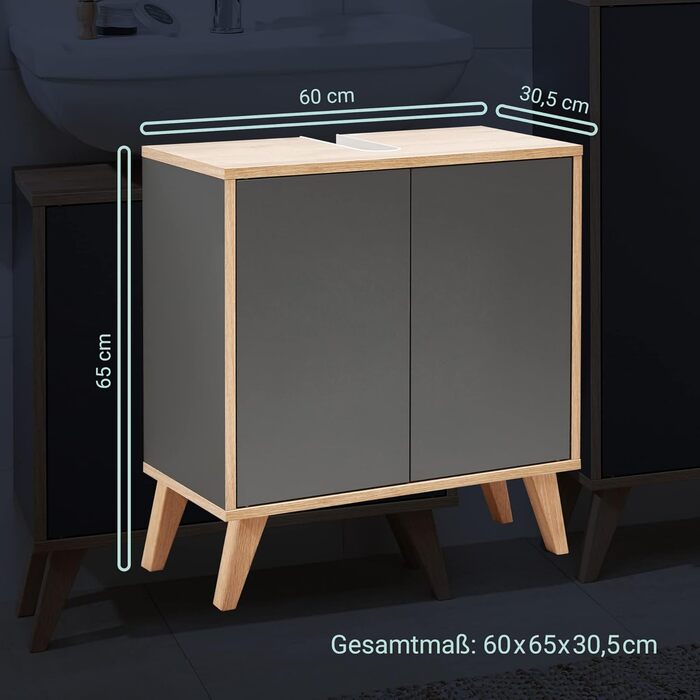 Умивальник FACKELMANN Finn коричневого кольору, 60 см, ретро-стиль, Push-to-Open, без ручок, Made in Germany (Антрацит, тумба під умивальник на ніжках)
