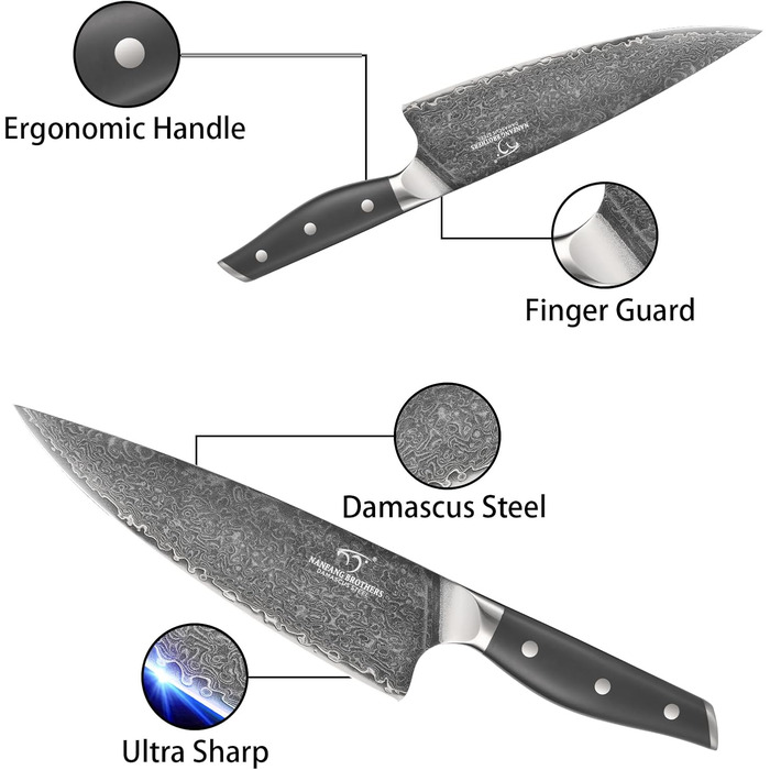 Набір кухонних ножів NANFANG BROTHERS Дамаск 7 предметів з бруском, нековзний ABS, нержавіюча сталь, шеф-ніж, хлібний ніж, сантоку, ніж для чищення, ножиці