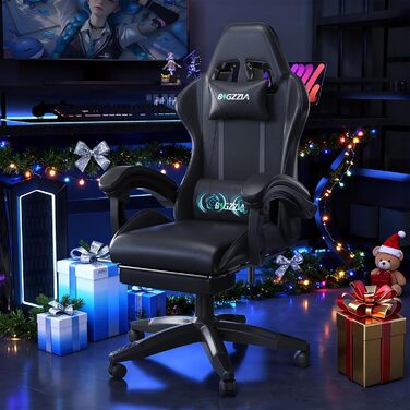Ігровий крісло Bigzzia з масажем та підніжкою, ергономічний, регульована спинка 90-135°, чорний