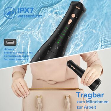 Електричний ірigator для порожнини рота Munddusche, 5 режимів, 5 насадок, 300 мл резервуар, перезаряджається, для чищення зубів та ясен, водонепроникний IPX7, чорний