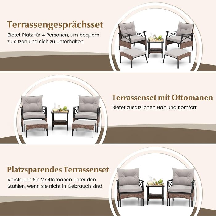 Садовий набір меблів COSTWAY з ротангу, 5 предметів: 2 крісла з подушками, пуф та стіл. Меблі для балкона, тераси, саду, коричнево-сірий колір