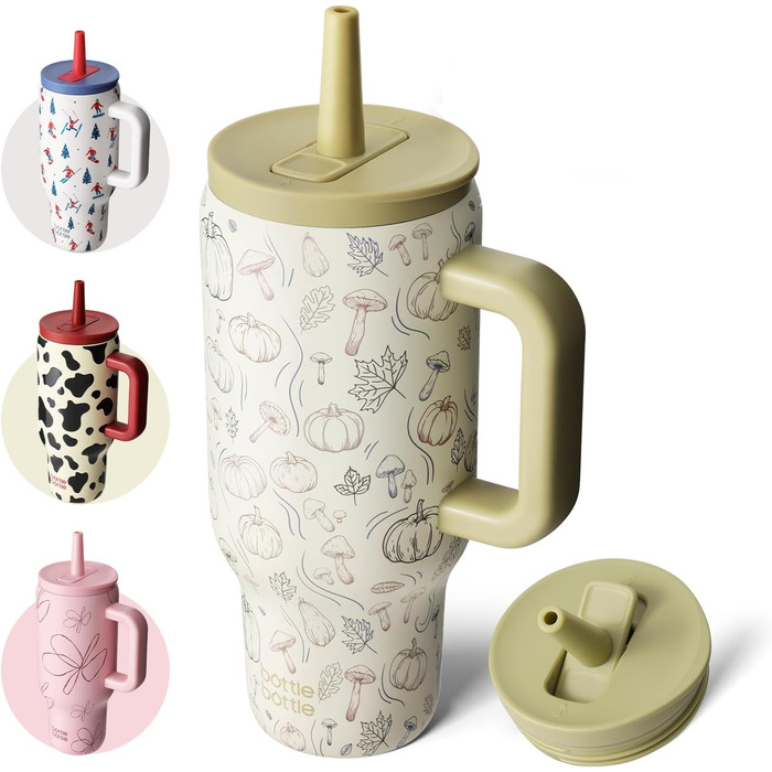 Термокружка-пляшка з нержавіючої сталі 900мл з ручкою та трубочкою – BPA-free, подвійні стінки, без витоку – для подорожей, офісу, навчання, спорту та як подарунок (дизайн «Кропива»)