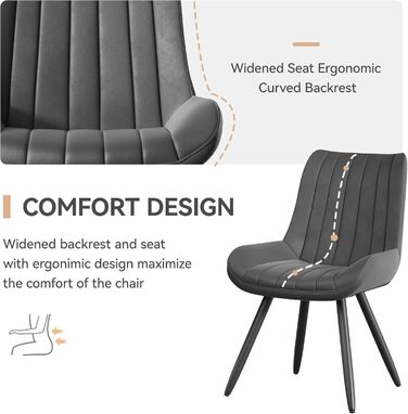 Набір обідніх стільців (6 шт) - сучасний дизайн, м'яке сидіння 10 см, штучний матеріал, металеві ніжки, темно-сірий колір, FU01043BL-2