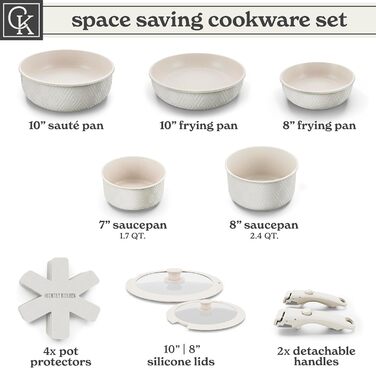 Набір посуду Rhombus 13 предметів: каструлі та сковорідки з антипригарним покриттям, знімні ручки, для кухні, кемпінгу, духовки (кремовий)
