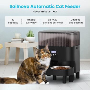 Годівниця для котів Sailvono5L 2 миски, розумний торговий автомат для котячого корму, легке використання, дозатор корму для котів/собак, з 2 мисками з нержавіючої сталі, диктофон-чорний