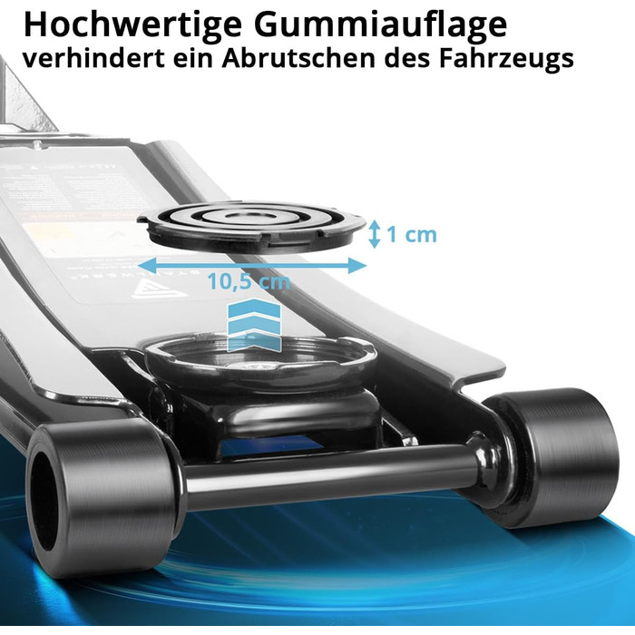 Гідравлічний домкрат Stahlwerk 3т низькопрофільний (73-500 мм) з гумованими колесами, подвійним поршнем, чорний