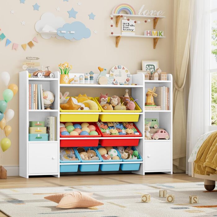 FOREHILL Регульована полиця для іграшок з 8 ящиками, дитячий шафчик, книжкова полиця для дітей, органайзер для іграшок, меблі для дитячої кімнати з іграшковою коробкою, 138,8 x 94,3 x 29,6 см, білий (білий з червоним)