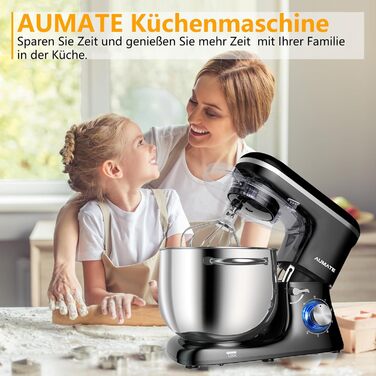 Кухонна машина AUMATE 1400W, 8 л, з міксером, гаком для тіста та вінчиком, 6 швидкостей, чорний колір