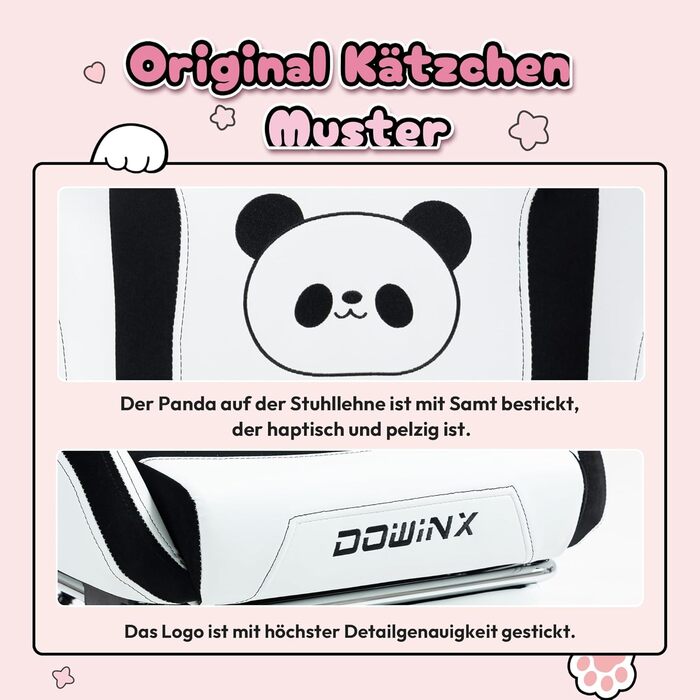 Ігровий крісло Dowinx Panda Edition - ергономічне комп'ютерне крісло з підніжкою, PU-шкіра, поперекова підтримка, чорно-білий дизайн