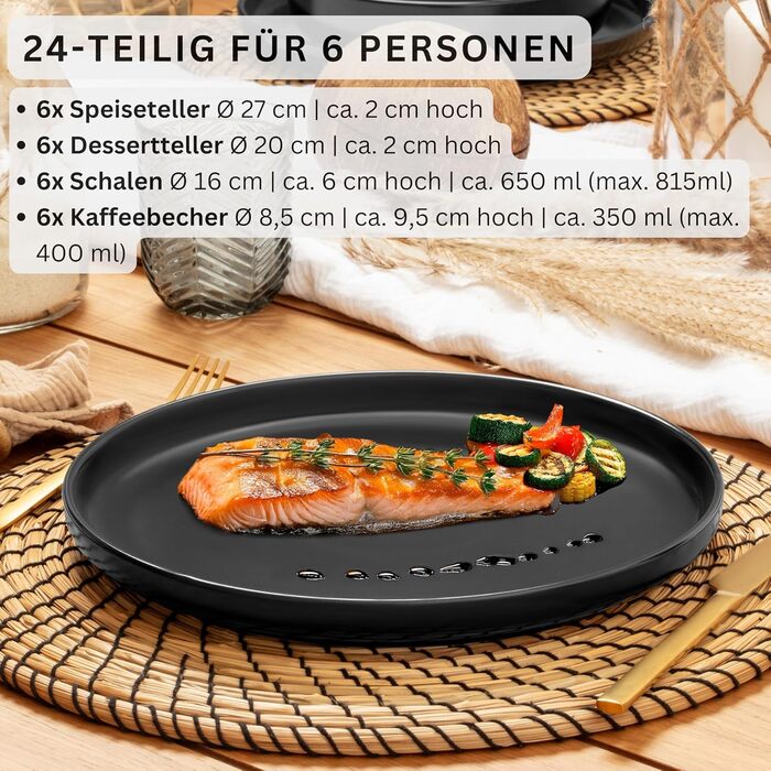 Набір посуду SÄNGER Madeira на 6 осіб, 30 предметів: тарілки, чашки, салатники, стеатовий фарфор, чорний, для мікрохвильовки та посудомийної машини | VALUE COLLECTION