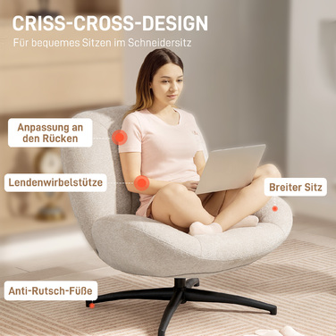 Обертовий м'який стілець, акцентний стілець з наповнювачем з ПП-бавовни, тканинне покриття, сталеве підстав'я, кремово-білий