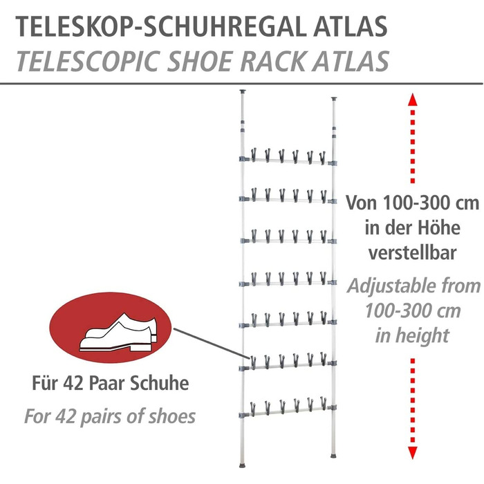 Телескопічне сховище для взуття WENKO на 42 пари взуття, висота від 100 до 300 см, металеве, біло-сіре (комплект з системою сортування), висувне телескопічне.