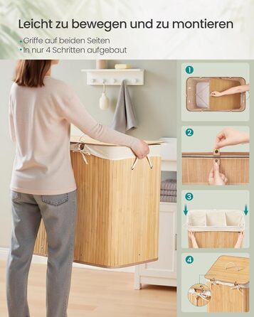 SONGMICS Кошик для білизни з кришкою, 2 відділення, бамбук, складний, знімний мішок для прання, з ручками, 170 л, для ванної кімнати, спальні, LCB014Y01