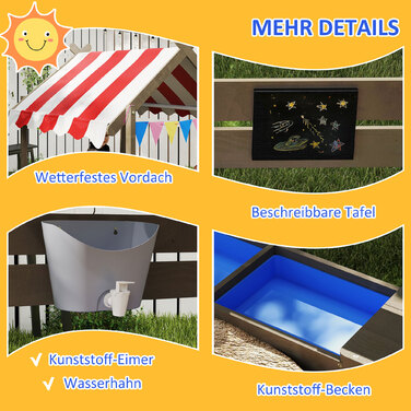 Пісочниця з сонцезахистом, у вигляді будиночка, з ігровим набором, оброблена масивна деревина, 124 x 116 x 146 см, сірого кольору