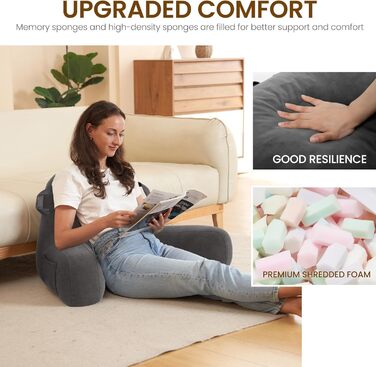 Лежак для читання в ліжку для дорослих, подушка для відпочинку в ліжку з підлокітниками, подушка для підтримки спини для сидіння в ліжку, подушка для відпочинку в ліжку зі знімним та пральним чохлом, світло-сіра