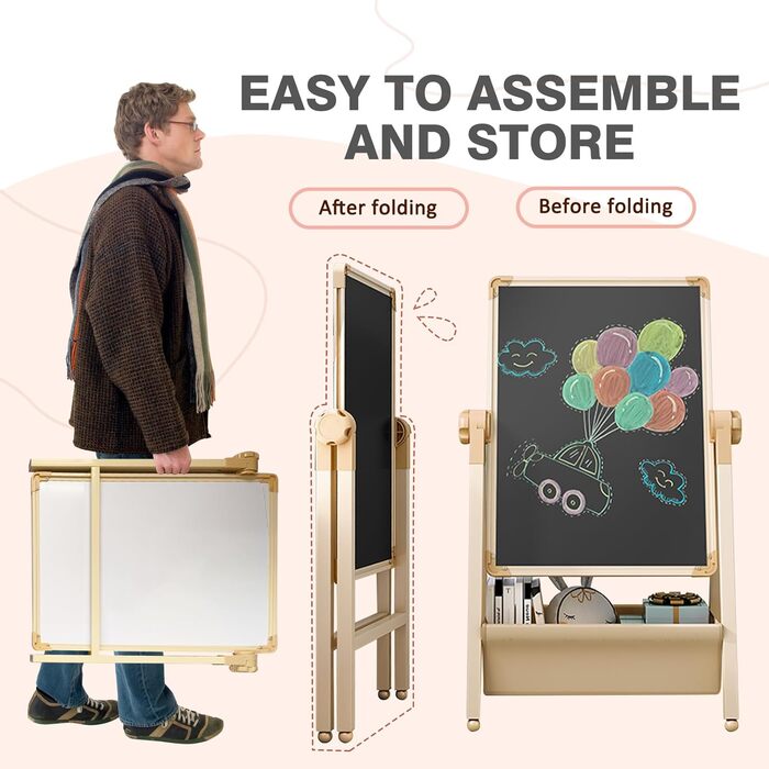 Дитяча мольберт Kinderstaffelei з двома сторонами, металева конструкція, регульована висота, обертається на 360°, дошка для малювання та письма з літерами та цифрами (жовтий)