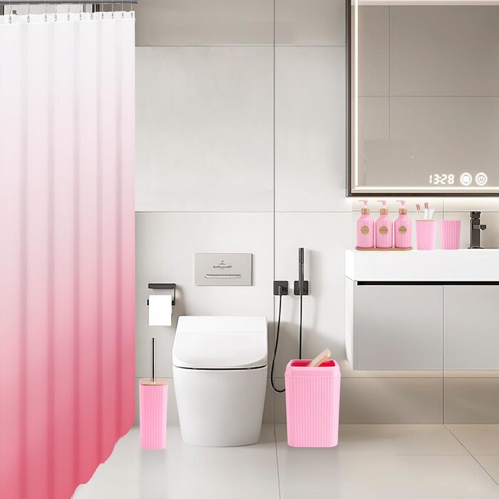 Набір для ванної кімнати 17 предметів: аксесуари для ванної, мийка, диспенсер для миючого засобу, тримач для зубних щіток, 6 дерев'яних гачків, аксесуари для кухні та ванної кімнати (Рожевий 1, Набір для ванної + штора для душу)