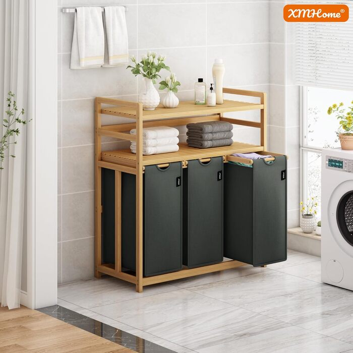Кошик для білизни з 3 відділеннями, 148 літрів, з бамбука, 2 яруси, великий кошик для білизни з винімним мішком, прямокутна коробка для ванної, спальні та пральні, 77.5x41.3x100.5CM, Бежевий (Темно-сірий)
