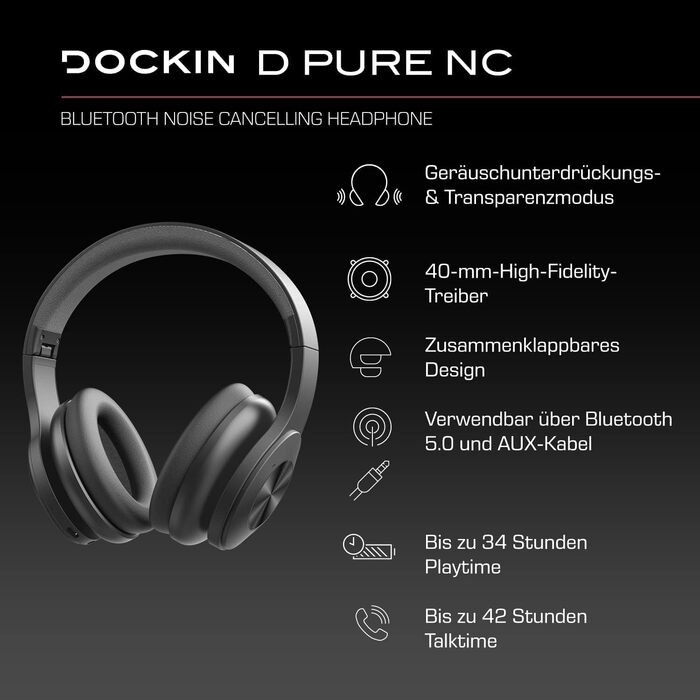 Бездротові Bluetooth-навушники DOCKIN D Pure NC, ANC, акумулятор 42 год, aptX HD, BT 5.1, складні, низька затримка