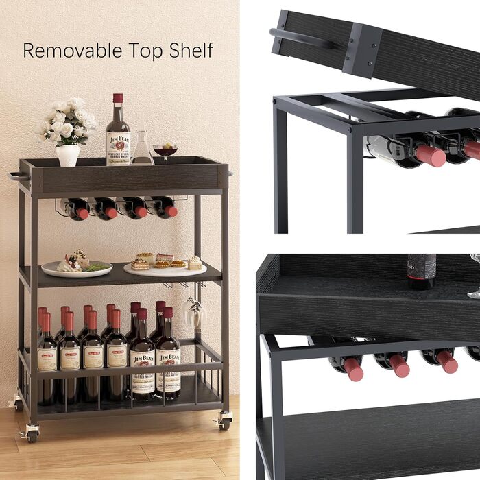 Сервізний візок Huhote з полицею для вина, барний візок, візок для напоїв, візок на колесах, візок для вина в їдальню, кухню, вітальню, бар, на вечірку, з імітацією текстури дерева (чорний, безіржавний кошик)