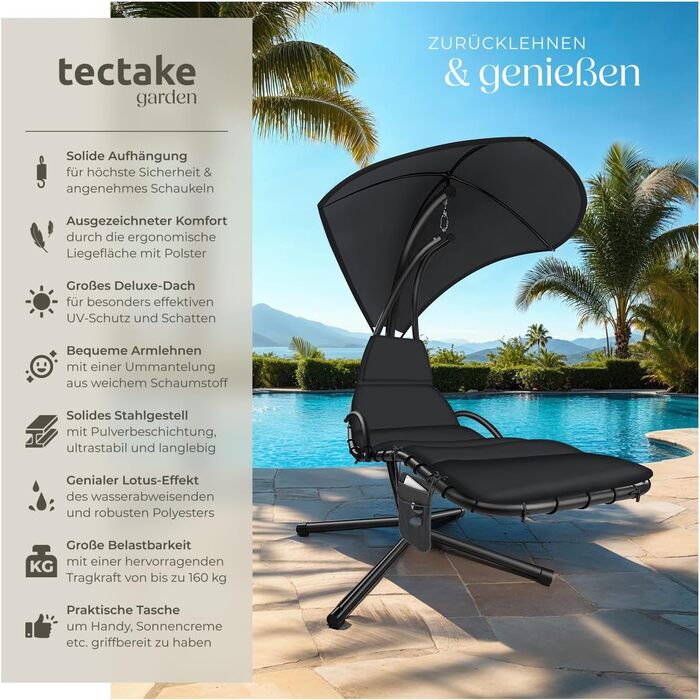 Тектайк® Гамак з каркасом, гамак-шезлонг, гамак-гойдалка з сонцезахистом, гамак-крісло з сумкою, подушкою для голови, для саду, тераси та балкону - (Чорний)