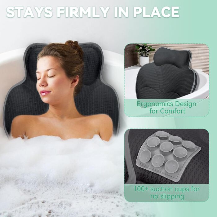 Подушка для ванни Poemland - м'яка підтримка голови та шиї, швидковисихаюча, сіра