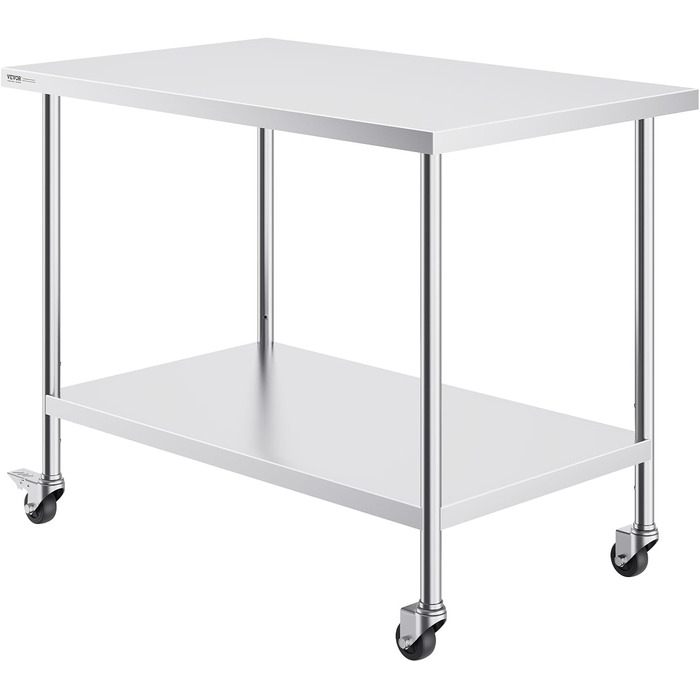 Стол з нержавіючої сталі VEVOR 90x60x85 см, з 4 колесами, регульована висота, для приготування їжі, срібний