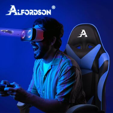 Ігровий крісло Alfordson з підніжкою, масажем, регулюванням на 150° та PU-шкірою. Макс. вага 180 кг, серія Eryx (Чорний/Синій)