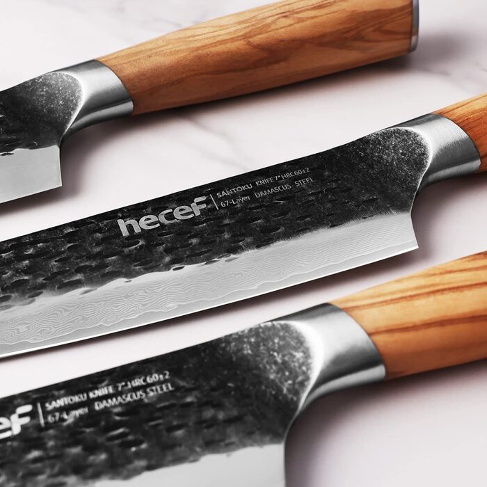 Ніж кухарський Damast 20см Hecef, професійний ніж шеф-кухаря, японський ніж з 67 шарів дамаст сталі та ручкою з оливкового дерева