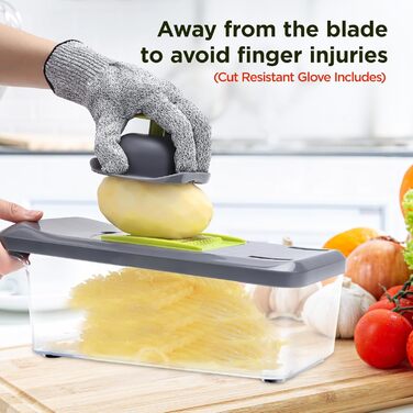 Ручний овочевий слайсер-мандоліна з 6 лезами та контейнером 3.3L - професійний овочевий слайсер з захистом рук, багатофункціональний, для слайсів, жульєну та подрібнення цибулі, чорно-зелений