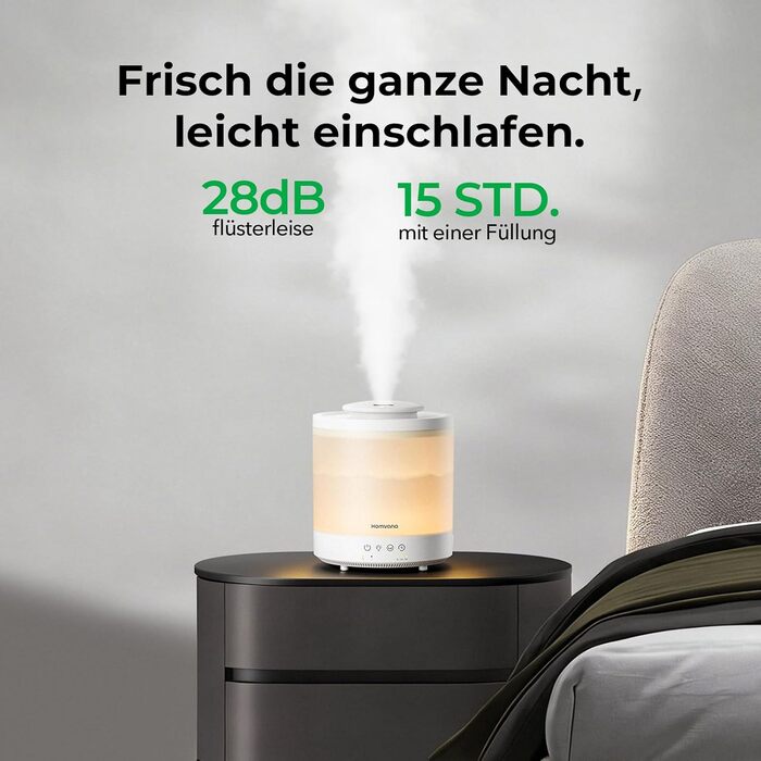 Зволожувач повітря Homvana для спальні 1.5л, ультразвуковий, з аромадифузором для ефірних олій, LED, BPA-Free