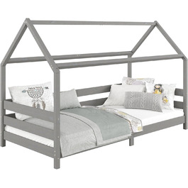 Ліжко для дому IDIMEX FINA з масиву сосни, ліжко Монтессорі 90х200см, дитяче ліжечко з дахом сірого кольору