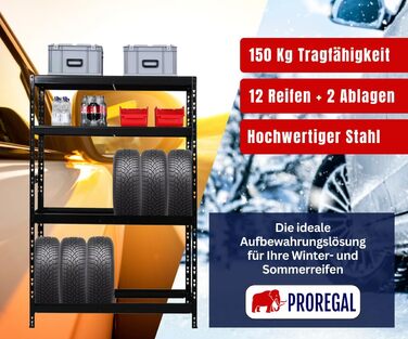 Стелаж для шин PROREGAL Tiger XL: 200x180x45 см, 300 кг навантаження, до 205/55 R16, для майстерні, складу, підвалу (12 шин + 2 полиці, чорний)