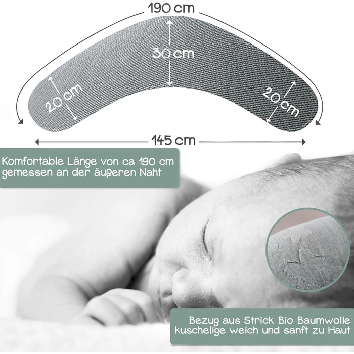 Подушка для годування Stillkissen XXL з органічної бавовни та наповнювачем з капоку | велика подушка для годування та пляшечки | вагітна подушка для сну на боці | антиалергенна та тиха | 190x30 см, кремовий колір, перкал (фіалка, в'язана)