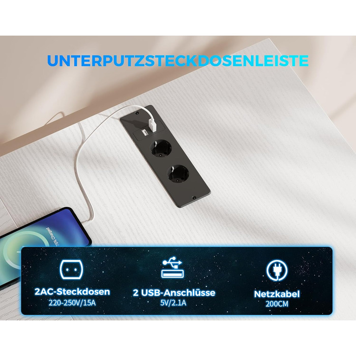 Кутовий стіл ODK з 4 шухлядами, місцем для зберігання, 2 розетками та 2 USB-портами для зарядки, з підсвічуванням LED та підставкою для монітора, 167×102 см, білий