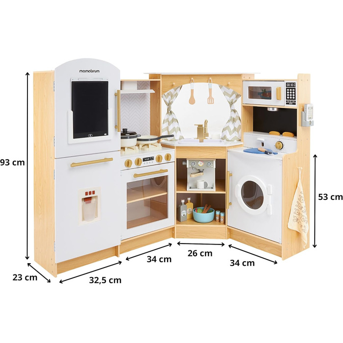 Дерев'яна кухня Мамабрум XXXL з LED-підсвічуванням та диспенсером для кубиків льоду - дитяча кухня з аксесуарами (мікрохвильова піч, посуд, столові прибори) для дітей 3+